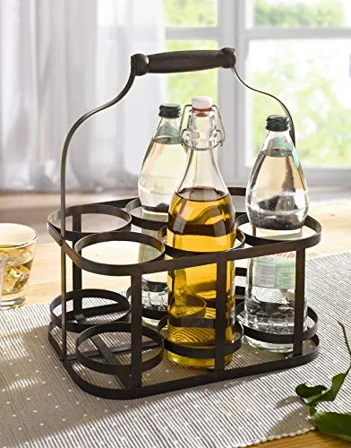 Dekoleidenschaft Flaschenkorb für 6 Flaschen - Flaschenkörbe aus robustem Metall im Antik Design, ideal für den stilvollen Transport von Bier und Wein. Praktischer Tragekorb mit Holzgriff.