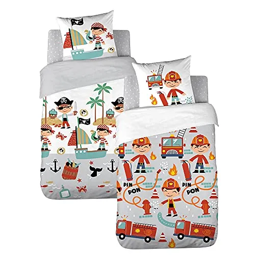 CÔTE DECO Bettwäsche für Kinder, wendbar, Feuerwehrmann und Pirat, Bettbezug 140 x 200 cm + 1 Kissenbezug 63 x 63 cm, 100% Bio-Baumwolle