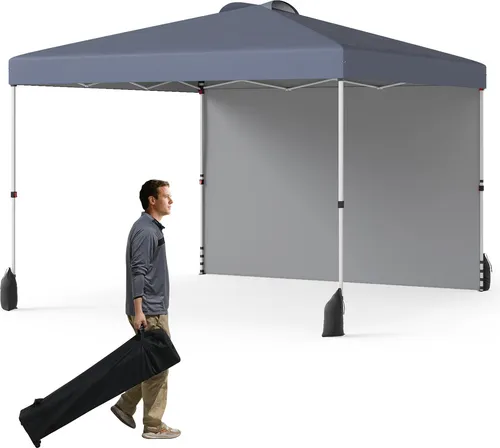 GOPLUS Pavillon 3 x 3 m, Gartenpavillon mit Seitenwand & 4 Sandsäcke, UV Schutz 50+, Pop up Faltpavillon mit Rolltasche, 8 Heringen, Grau