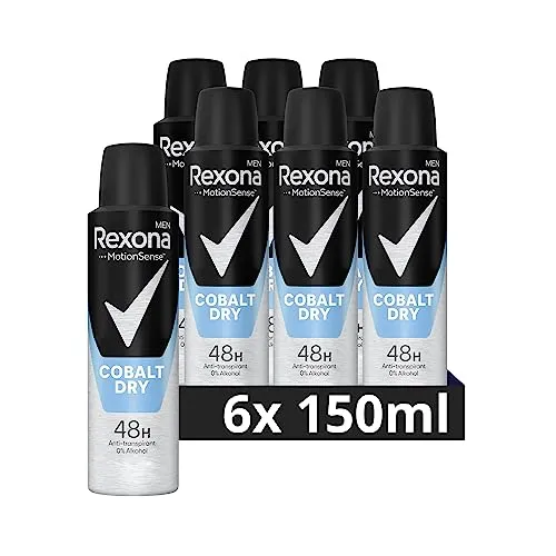 Rexona Men MotionSense Deo Spray Cobalt Dry 6x150ml - Maskulin-frisches Deo Spray für Männer mit 48 Stunden Schutz gegen Körpergeruch und Achselnässe. Die innovative MotionSense-Technologie sorgt für langanhaltende Frische ohne Alkohol.