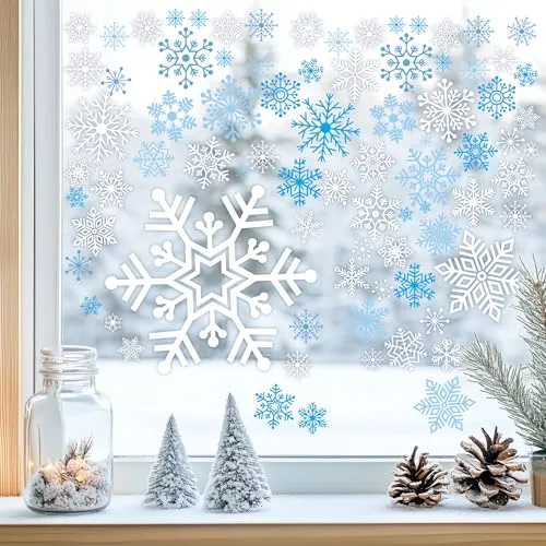 Sunnywall Fensterbilder Winter für Kinder – Tiermotive in Winterszene als statisch haftende Fenstersticker, WIEDERVERWENDBAR (Schneeflocken Set - 2 x A4 Bögen)