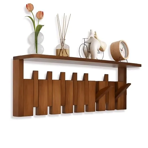 ohbien Wandgarderobe Holz mit Ablage 52cm 8 Haken Kleiderhaken Klappbar, Klaviertasten Kreativer Garderobenständer Für Hinter Türen, Eingänge, Badezimmer, Wohnzimmer