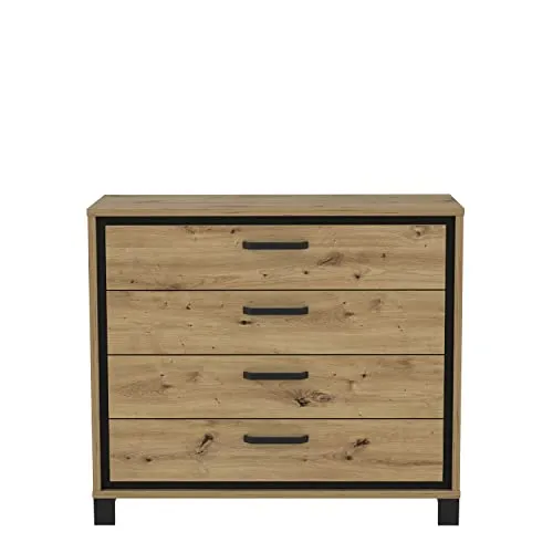 FORTE TRONDHEIM Kommode mit 4 Schubladen - Kommode aus Holzwerkstoff in Artisan Eiche/Schwarzeiche, mit langlebigen Metallleisten für leichtes Schieben und pflegeleichter Oberfläche – ideal für stilvolle Aufbewahrung.