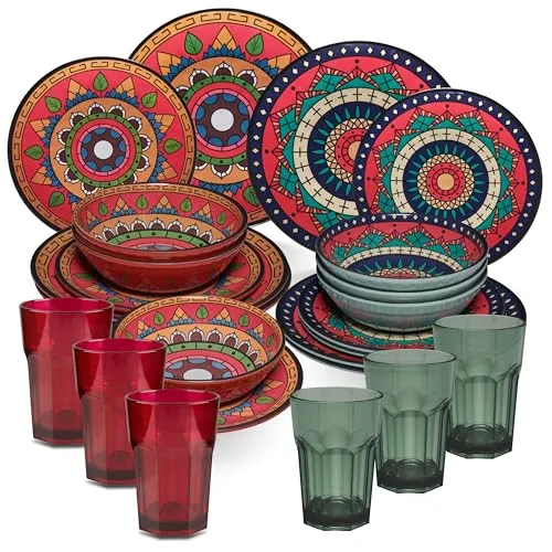 Melamin Geschirr Set Toskana Deep für 6 Personen - 24 Teile Rot-Grün - Mandala-Optik mit farblich passenden Trinkgläsern 400 ml Zubehör Campinggeschirr Wohnwagen Camping Festival Picknick Gartenparty