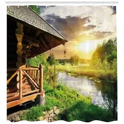 Abakuhaus Duschvorhang Moderner Digitaldruck mit 12 Haken auf Stoff Wasser Resistent Breite 175 cm, Höhe 220 cm, Natur Holzhaus am See bunt 175 cm x 220 cm