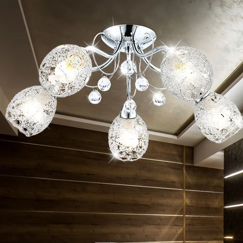 Deckenleuchte Chrom Kristallleuchte 5 Flammig - Moderne Deckenlampe mit 5 E14 Fassungen, elegantes Chromdesign und kunstvolle Glaskugeln, ideal zur stilvollen Aufwertung Ihres Wohnraums.