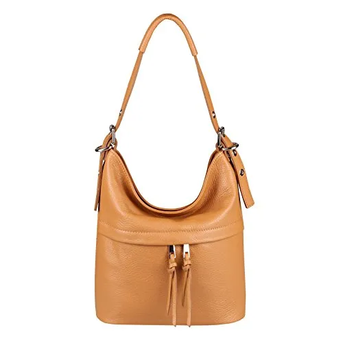 OBC Made in Italy Damen echt Leder Tasche Handtasche Umhängetasche Ledertasche Schultertasche Beuteltasche Umhängetasche Cross-Over (Cognac 30x27x14 cm)