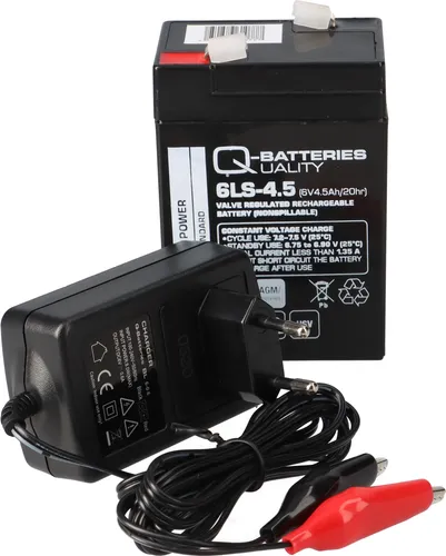 Bleiakku Set mit Ladegerät - 6V 4,5Ah Q-Batteries - Batterien & Akkus: Leistungsstarker 6V 4,5Ah Akku mit 3-Stufen-Ladegerät für sichere und effiziente Energieversorgung in vielfältigen Anwendungen.