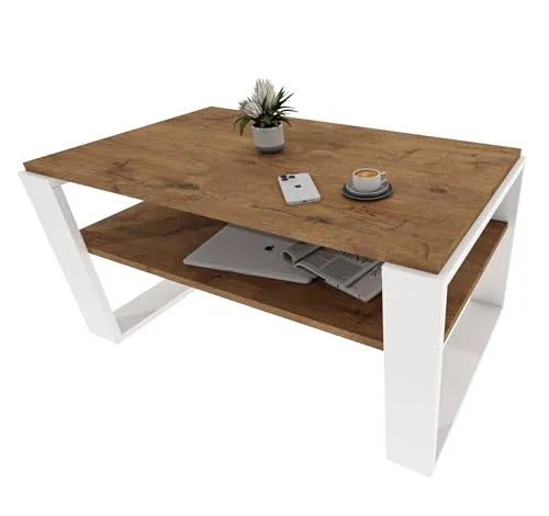 möbelkap Couchtisch 91×51 cm – Wohnzimmertisch aus Holzwerkstoff, Stabiler & moderner Kaffeetisch mit zusätzlicher Ablagefläche – Beistelltisch, Eiche Lancelot/Weiß, rechteckig