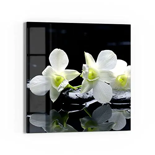 DEQORI Glasbild Echtglas | Motiv Orchidee mit Zen-Steinen | quadratisch einteilig 30x30 cm | schöne Dekoration | Wandbild für Wohnzimmer, Schlafzimmer, Flur & Küche | moderne Wanddeko