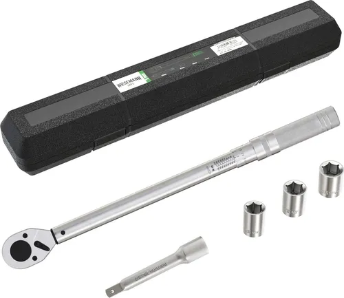 Drehmomentschlüssel Set 1/2 Zoll mit Verlängerung und 17, 19, 21mm Einsatz von WIESEMANN 1893 I selbstauslösend mit Rechtsanzug & Doppelskala I aus Q-30 verchromt I 80386