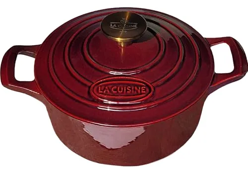 La Cuisine Gusseisen topf 20cm 2 L Bräter/Cocotte Auflaufform Kasserollen Brot Backen Dunkles Interieur backofengeeignet Vergoldeter SS-Deckelgriff, Cranberry