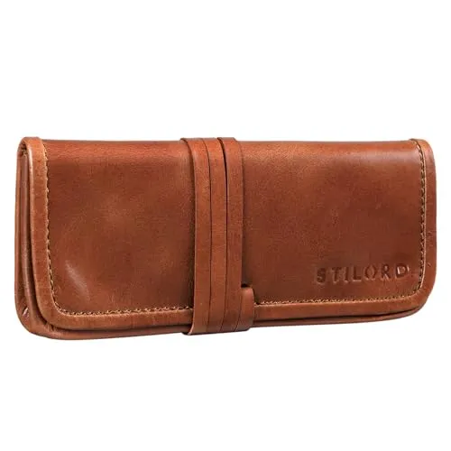 STILORD 'Lenny' Federmäppchen Leder Vintage klein Lederetui Elegantes Lederaccessoire ideal als Stifteetui Schreibmappe und Geldbörse echtes Büffelleder, Farbe:Cognac - glänzend
