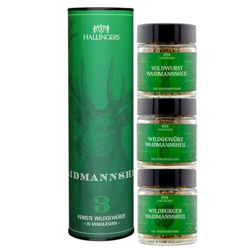 Hallingers Genuss Manufaktur Wild-Grillgewürze Geschenkset – 3 würzige Gewürze für Wild & Grillgerichte in edler Wunderdose, handgemacht, Gourmet Geschenk für Jäger & Grillfans, auch zu Weihnachten