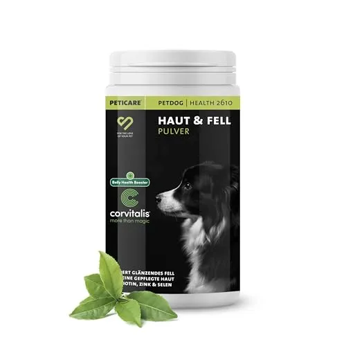 Peticare Haut & Fell Pulver für Hunde | Unterstützt Hautgesundheit & glänzendes Fell | Mit Bierhefe, Omega-3 & Biotin | Natürliches Ergänzungsfutter | petDog Health 2610