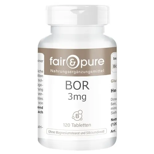 Fair & Pure Bor Tabletten 3mg (Boron) als Natriumtetraborat, 120 Tabletten, Nahrungsergänzungsmittel vegan ohne Magnesiumstearat, in Deutschland hergestellt