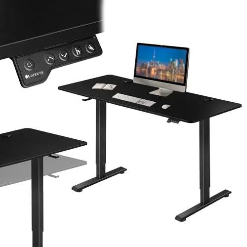 Juskys Schreibtisch Office Stand - Kinderschreibtisch mit elektrischem Höhenverstellmechanismus, ideal für ergonomisches Arbeiten und ausgestattet mit praktischer Headset-Halterung und Kabelführung.
