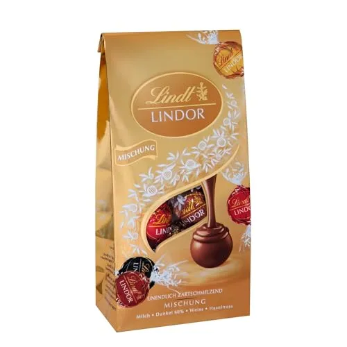 Lindt Schokolade LINDOR Mischung | 99 g Beutel | ca. 8 Schokoladen-Kugeln mit zartschmelzender Füllung in den Sorten Milch, dunkel 60%, weiß, Haselnuss | Pralinen-Geschenk| Schokoladen-Geschenk