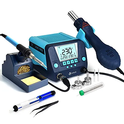 FASTTOBUY 2 IN 1 SMD Dual Digital Entlötkolben, Heißluft Löten Lötstation Heißluftpistole Bausatz, Regelbare Digitale Entlötstation, 650W Heißluftation und 90W Lötkolben