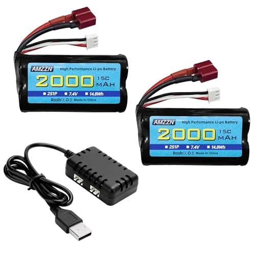 AMZZN 7,4V 2000mAh 15C 2S Lipo Akku T-förmiger Stecker mit 2-in-1-Ladegerät für WLtoys 12423 12401 12403 12428 HP162S HM124 Ferngesteuerte Autos und ferngesteuerte Autos 1/10,1/12,1/16 Verhältnis