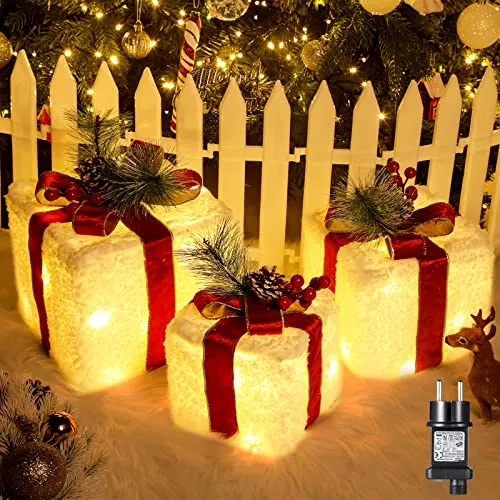 LED Geschenkbox, Elktry Weihnachtsdeko mit 60 LED 3 Set außen innen, Beleuchte Weihnachtenbox mit behaarter Textur für Weihnachten, Strom Geschenkbox unter Weihnachtsbaum/Fenster/Garten Stehen