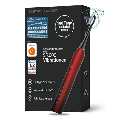 Tristan Auron Schallzahnbürste – Elektrische Zahnbürste mit 55.000 VPM - Elektrische Zahnbürste für effektive Zahnreinigung mit 5 Modi, 60 Tage Akku und IPX7 Wasserdichtigkeit – ideal für die Dusche. Ergonomisches Design und extrem leise unter 65dB.