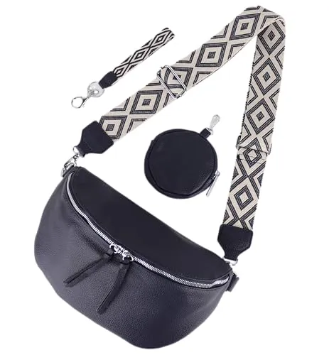 MIRROSI® Bauchtasche Damen, Veganleder 30x19x10cm, Umhängetasche, Brusttasche, Crossbody bag, Kunstleder leder, verstellbare Schulterriemen Bohemian Style (Navy)