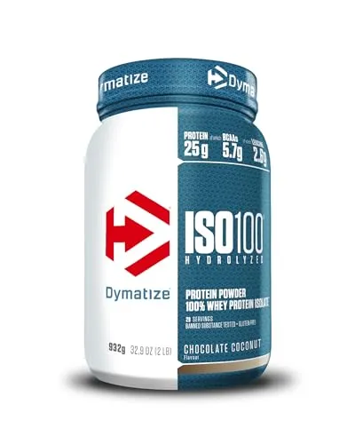 Dymatize Iso100 Hydrolyzed Isolat Protein Pulver Chocolate Coconut 932g - Molkenproteine für Sportler, 25 g Protein pro Portion, zucker- und fettfrei, ideal für Muskelaufbau und Regeneration nach dem Training.