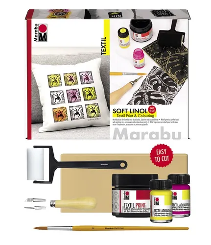 Textil Transfer Set 'Soft Linol Print & Colouring' von Marabu - Kreatives Zeichen- & Malset für textile Drucktechniken, inklusive hochwertiger Materialien für kreative Projekte.