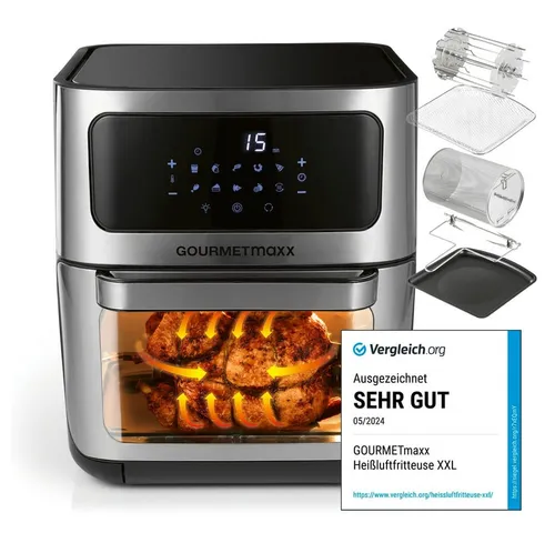 GOURMETmaxx Heißluft-Ofen Digital - 12l Edelstahl Schwarz Silber, 3 in 1 Fritteuse, Backofen und Dörrgerät mit XXL Zubehörpaket für die ganze Familie