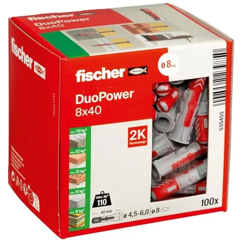 fischer DuoPower 8 x 40 Universaldübel - Universaldübel für Beton, Ziegel & Gipsbauplatten - intelligenter 2-Komponenten-Dübel, der sich automatisch an den Untergrund anpasst und damit optimale Haltewerte bietet. 100 Stück für vielseitige Anwendungen.