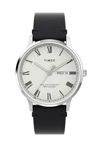 Timex Quarzuhr WATERBURY TRADITIONAL - Herrenuhr mit elegantem Edelstahlgehäuse und schwarzem Lederarmband, perfekt für jeden Anlass und kombiniert zeitloses Design mit modernem Komfort.