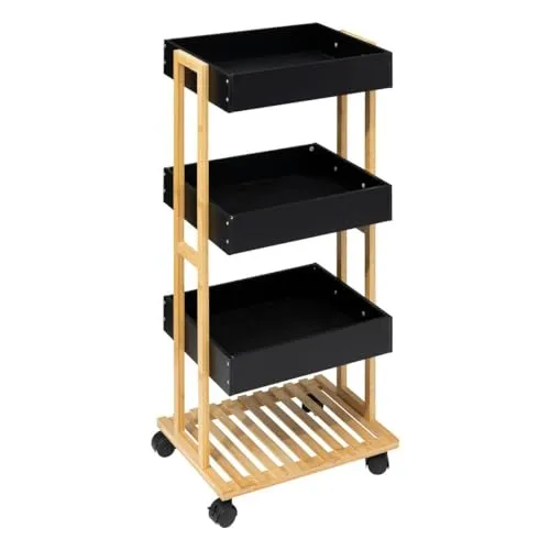 5five Beistelltisch mit 4 Ebenen auf Rollen - Akazie Schwarz - Beistelltisch fürs Wohnzimmer mit vier praktischen Ebenen und mobil auf Rollen, ideal für flexibles Wohnen und zusätzlichen Stauraum.