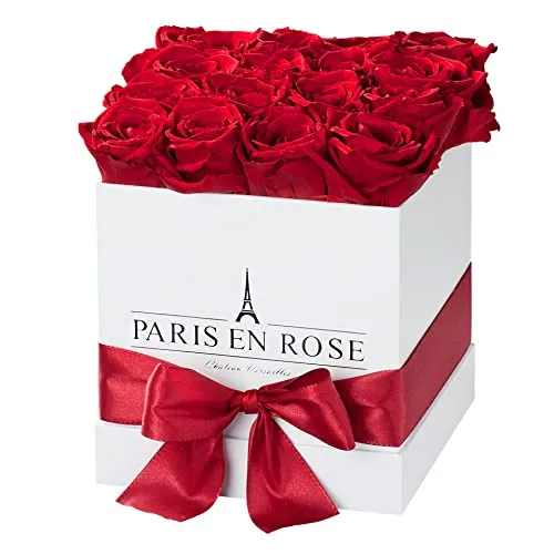 PARIS EN ROSE Rosenbox ECKIG | mit 12 bordeaux-roten Infinity Rosen Größe XL | eckige, weiße Box mit Schleife | ewige Rose | 3 Jahre haltbar | Grußkarte