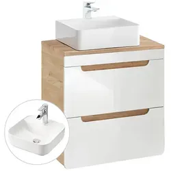 Lomadox Waschtisch LUTON-56 - Moderne Badmöbel mit Keramik-Aufsatzbecken in Hochglanz weiß und Wotan Eiche, inklusive Softclose-System für leises Schließen und abgerundeten Ecken für ein elegantes Design.
