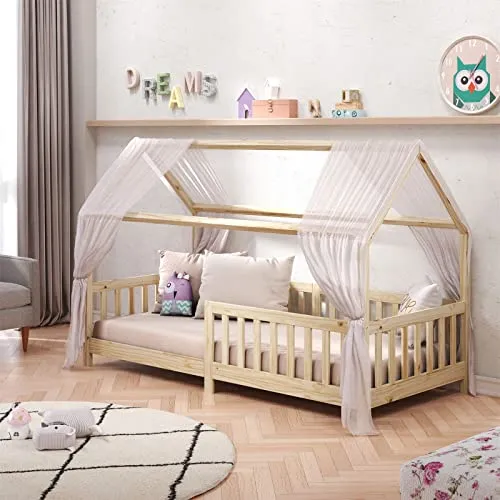 IDIMEX Kinderbett NINA, Montessori Hausbett mit Dach - Betten für Kinder, robustes Kiefernholz, ideal für kreative Schlafumgebungen und spielerisches Wohnen mit Tipi-Design.