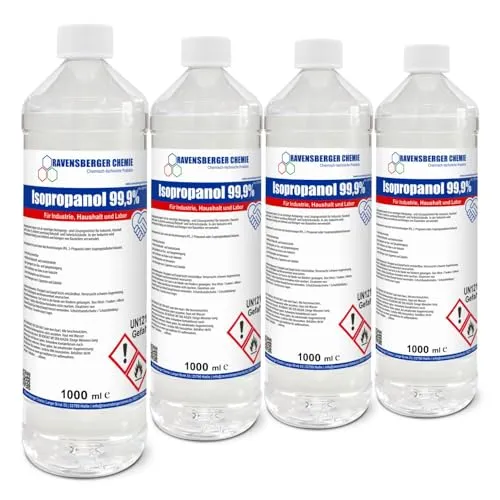 Ravensberger Chemie Isopropanol 99,9% IPA – Isopropylalkohol Reinigungsalkohol zum Entfetten & Reinigen – Lösungsmittel für Elektronik, Glas, Auto & Werkstatt (4x 1 Liter)