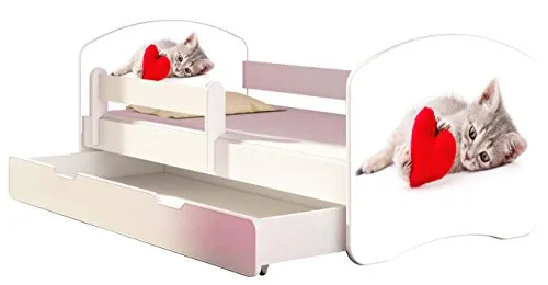 Kinderbett Jugendbett mit einer Schublade und Matratze Weiß ACMA II 140 160 180 40 Design (160x80 cm + Bettkasten, 40 Katze mit Herz)