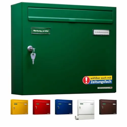 AL Briefkastensysteme Basic 1er Briefkasten RAL 6005 Moos Grün - Wandbriefkasten DIN A4, wetterfest mit Lebenslanger Garantie gegen Durchrostung, ideal für Einfamilienhäuser und ausgestattet mit Posthaltebügel und 2 Namensschildern.