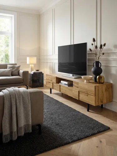 Modernes Lowboard aus Eiche-Nachbildung 160 cm - Stylische TV-Kommode mit Kachelmuster, ideal für Fernseher bis 70 Zoll. Offenes Ablagefach und Kabeldurchlass sorgen für Ordnung im Wohnzimmer.