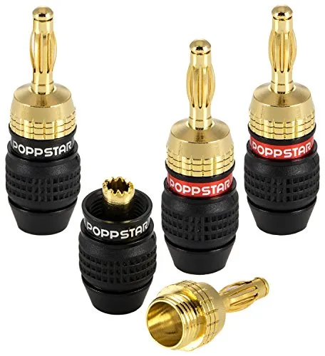 POPPSTAR 4x High End Bananenstecker (geschirmt, bis 6 mm², 24k vergoldet, 2x schwarz, 2x rot)