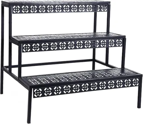Stufen Metall Blumentreppe, Pflanzentreppe Blumenbank, Pflanzenregal Blumenregal, Pflanzenständer für Garten Balkon Indoor Outdoor, Multifunktionales Blumenregal mit Großer Kapazität, Schwarz 3