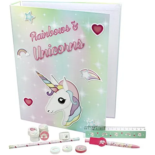 com-four® 18-teiliges Einhorn Schul-Set, Unicorn Schulanfänger Set mit Ringordner, Radiergummis mit verschiedenen Motiven und andere Schreibutensilien