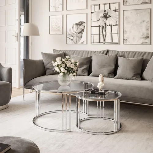 LORI GLASS 2in1 runder Couchtisch silber chrom von Lookway