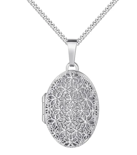 JEVELION Halskette Medaillon 925 Sterling-Silber Amulett Anhänger oval für 1 Bild zum Öffnen Bildanhänger mit Schmuck-Etui Mit Damenkette - Kettenlänge 70 cm.