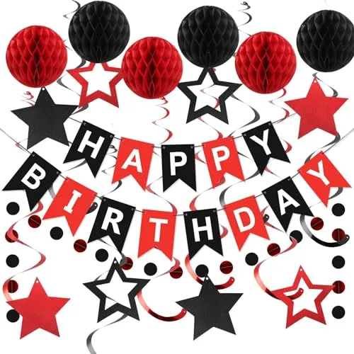 Rot und Schwarz Geburtstag Dekoration, Happy Birthday Banner mit Wabenball, Stern Hängende Wirbel Streamer Kreis Punkt Girlande Dekroationen, Geburtstag Party Dekorationen für Frauen Mädchen Männer