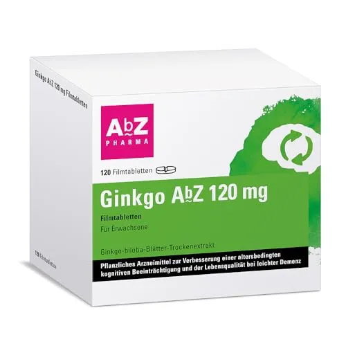 Ginkgo AbZ 120 mg Filmtabletten - Durchblutungs Tabletten zur Verbesserung der Gedächtnisleistung* bei leichter Demenz. Natürlicher Ginkgo biloba Extrakt fördert die Durchblutung und steigert die Konzentrationsfähigkeit.