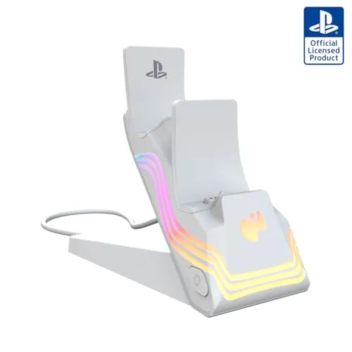 PDP PS5 Afterglow Wave DUAL Charger White - Lenkräder für PlayStation 5 - Lade 2 DualSense Controller in unter 3 Stunden auf und genieße bis zu 40 Stunden Spielzeit. Anpassbare RGB-Lichtzonen und offizielle PlayStation-Lizenz.