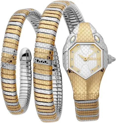 Just Cavalli Time Quarzuhr Serpente doppio JC1L168M0075 - Elegante Damenuhr mit silberfarbenem Edelstahlarmband und schimmerndem Perlmutt-Zifferblatt, ideal für festliche Anlässe.