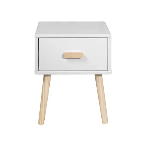 Rebecca Mobili Nachttisch für Kinderzimmer, Weiß Braun, Kiefern MDF, mit 1 Schublade, Skandinavischer Stil - Maße HxBxT: 44 x 35 x 35 cm - Art. RE6978